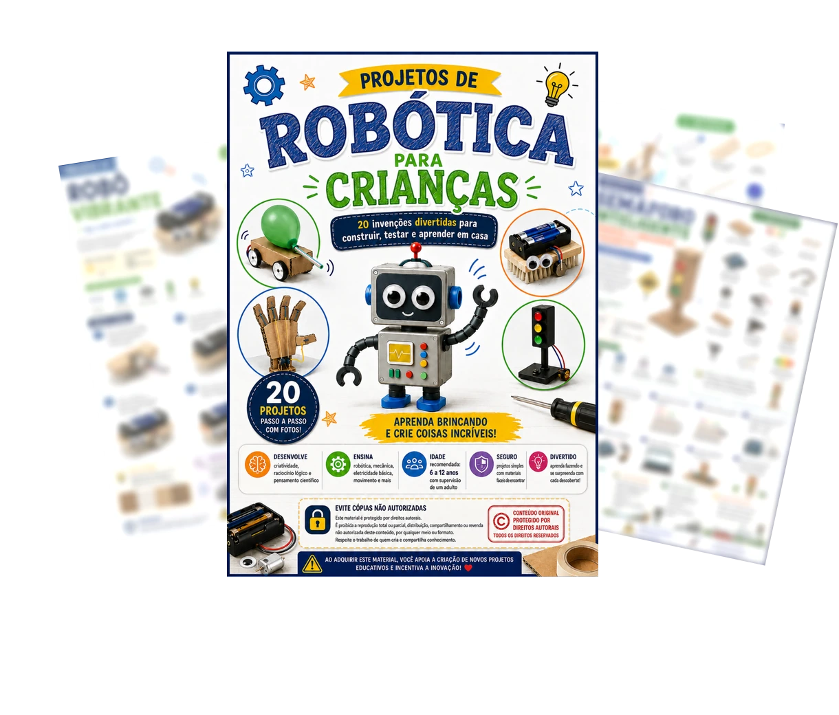 Capa real do e-book Pequenos Inventores com páginas internas desfocadas ao fundo